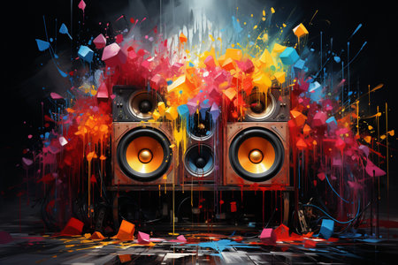 music and splashes of paint from the speakers, sound, Generative AIの素材