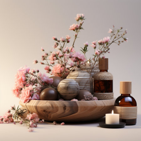 spa composition with flowers, candles and oils, Generative AIの素材