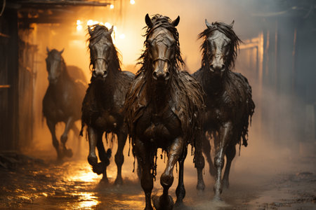herd of horses rushes along the street among the fire, Generative AIの素材
