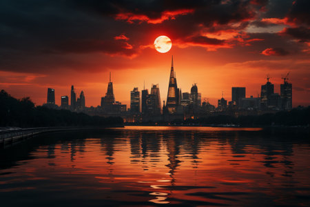 block with skyscrapers by the river, red sky, sun and reflection in the water Generative AIの素材
