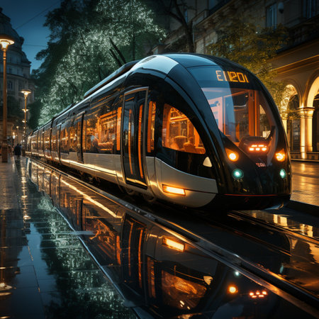 modern technological tram on a city street, Generative AIの素材