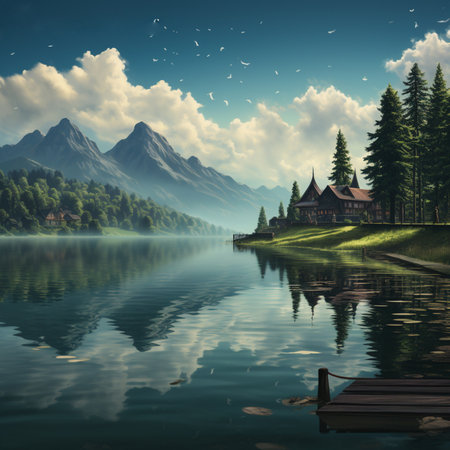 beautiful view of the mountain lake with houses on the shore, art style Generative AIの素材