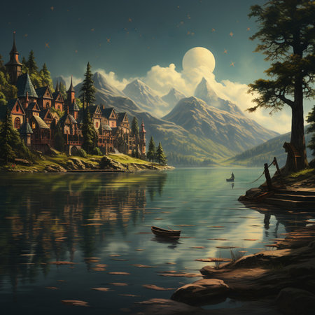 beautiful view of the mountain lake with houses on the shore, art style Generative AIの素材