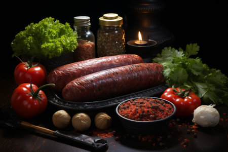 Smoked sausages with spices and vegetables on a wooden tableの素材