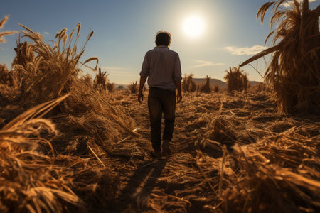 a man stands with his back in a field, broken shoots of wheat Generative AIの素材