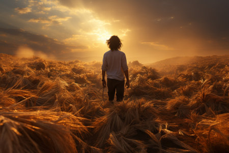 a man stands with his back in a field, broken shoots of wheat Generative AIの素材