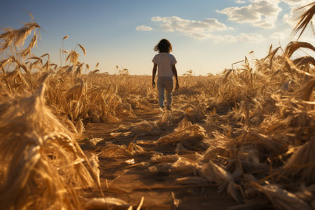 a man stands with his back in a field, broken shoots of wheat Generative AIの素材