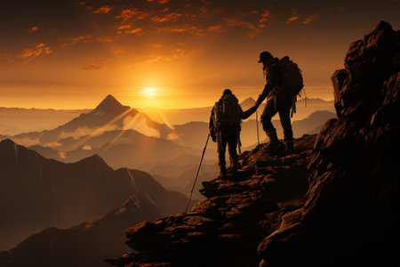 two climbers help each other in the mountains, Generative AIの素材