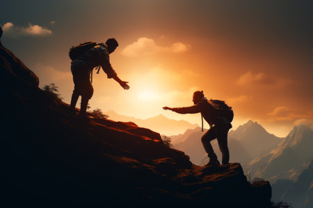 two climbers help each other in the mountains, Generative AIの素材