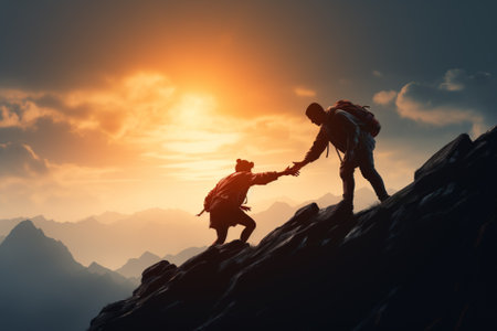 two climbers help each other in the mountains, Generative AIの素材