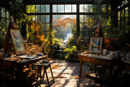 retro artist studio, working workshop Generative AIの素材