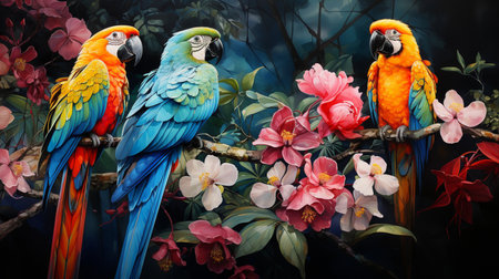 three parrots on a branch in the jungle, watercolor Generative AIの素材