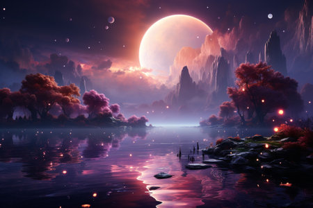 lake in lilac evening light and glowing lights above the water, Generative AIの素材