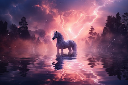 white horse in the water in the lilac light of sunset, Generative AIの素材