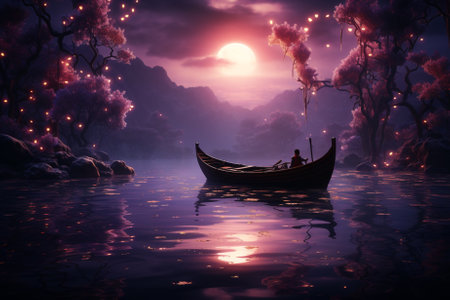 boat on the lake among the fireflies, purple evening sunset light Generative AIの素材