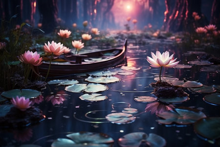 boat on a lake with lotuses, purple evening sunset light Generative AIの素材