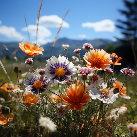 Colorful blooming grass meadow with purple and orange flowers, Generative AIの素材