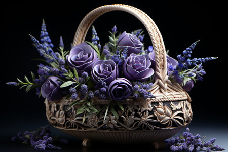 basket with lavender and lilac roses, Generative AIの素材