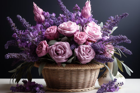 basket with lavender and lilac roses, Generative AIの素材