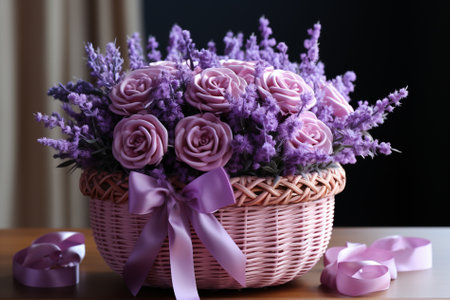 basket with lavender and lilac roses, Generative AIの素材
