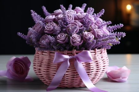 basket with lavender and lilac roses, Generative AIの素材