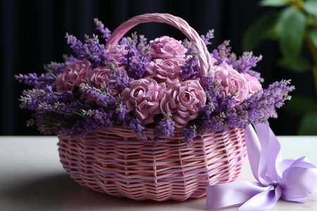 basket with lavender and lilac roses, Generative AIの素材