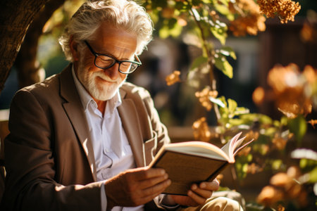 elderly man with a book in the park Generative AIの素材