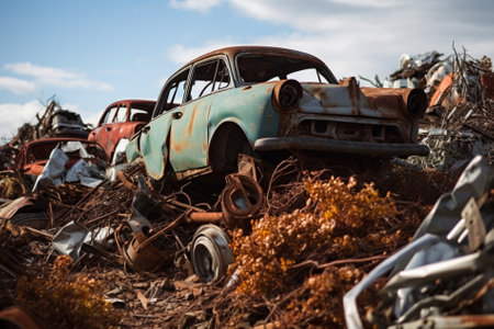 Car cemetery. Old rusty bodies of cars piled up on a field Generative AIの素材