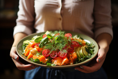 Woman holding a plate of salmon salad,close up image. Generative AIの素材