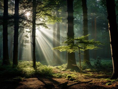 tranquil forest clearing with soft sunlight filtering through the trees, Generative AIの素材