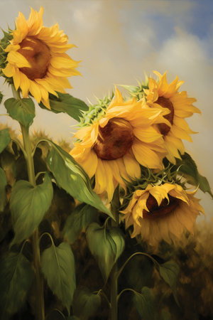 sunflowers in the field, painting Generative AIの素材