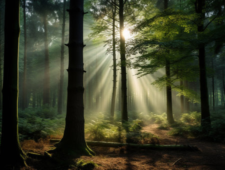 tranquil forest clearing with soft sunlight filtering through the trees, Generative AIの素材