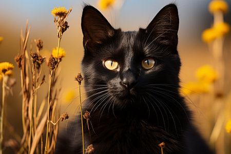 Beautiful bombay black cat portrait with yellow eyes and attentive look in grass in nature Generative AIの素材