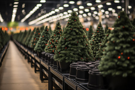 artificial Christmas trees for sale in a store Generative AIの素材