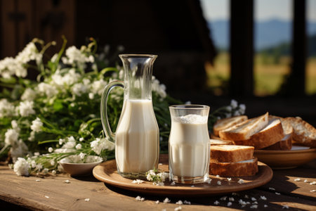 Milk with hay on wooden table on the farm Generative AIの素材