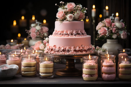Candy bar and wedding cake. Table with sweets, buffet with cupcakes, candies, dessert. Generative AIの素材