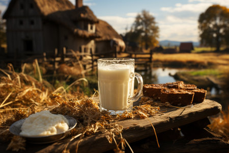 Milk with hay on wooden table on the farm Generative AIの素材