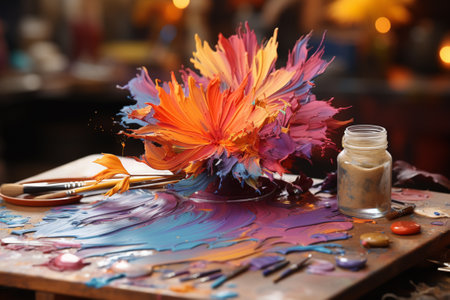 artist painting with acrylic colors and mixing tones on the pallet. Generative AIの素材