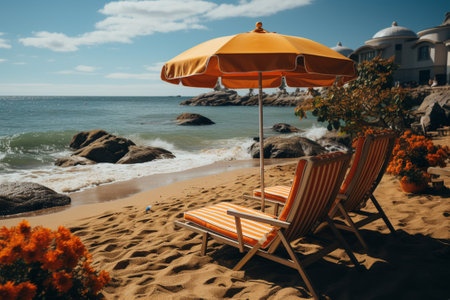 Evening beach with sun loungers and umbrellas Generative AIの素材