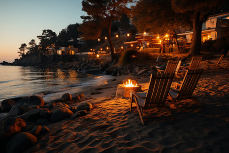 Evening beach with sun loungers and umbrellas Generative AIの素材