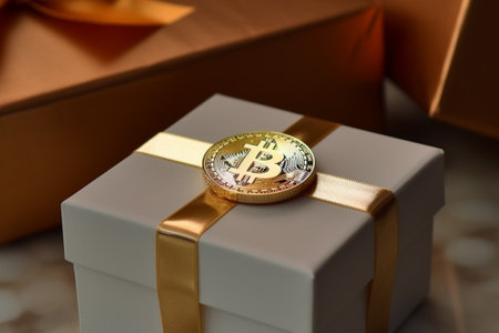 Close-up view of a bitcoin in a gift box. Minimalism. Generative AIの素材
