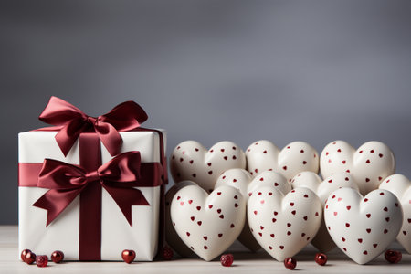 White Gift box and festive red hearts on white background. Gift concept for Valentine Day, Wedding or Birthday, Generative AIの素材