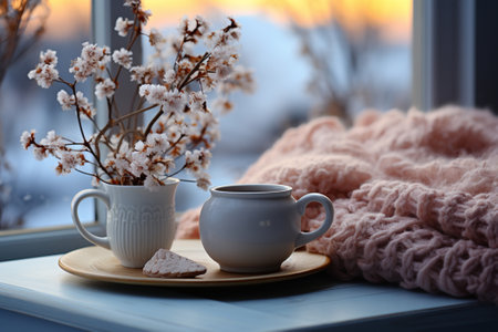 Cozy and frosty winter still life: hot tea or coffee, warm woolen knitted decoration on the windowsill against the background of a snowy landscape outside.. Generative AIの素材