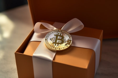 Close-up view of a bitcoin in a gift box. Minimalism. Generative AIの素材