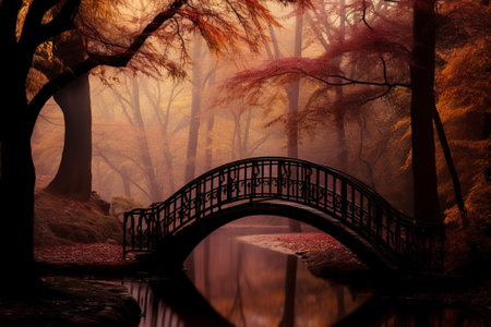 bridge in autumn park and fog, Generative AIの素材
