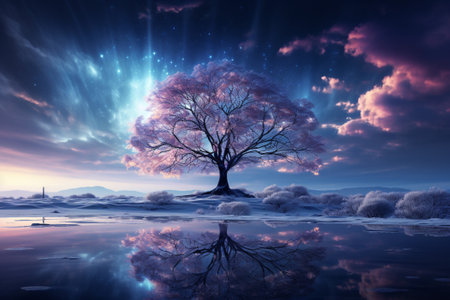 Magical landscape with a glowing tree. Bright night sky with stars and nebula and galaxy., Generative AIの素材