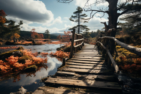 wooden footpath on the bog with autumn colored flora Generative AIの素材