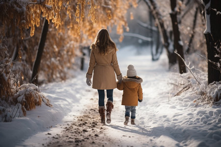 Mom and little son are walking through the winter park. Generative AIの素材