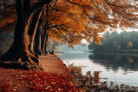 autumn trees near the water. Generative AIの素材