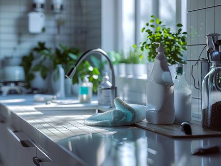 banner for disinfecting agents in a clean modern kitchen, , Generative AIの素材